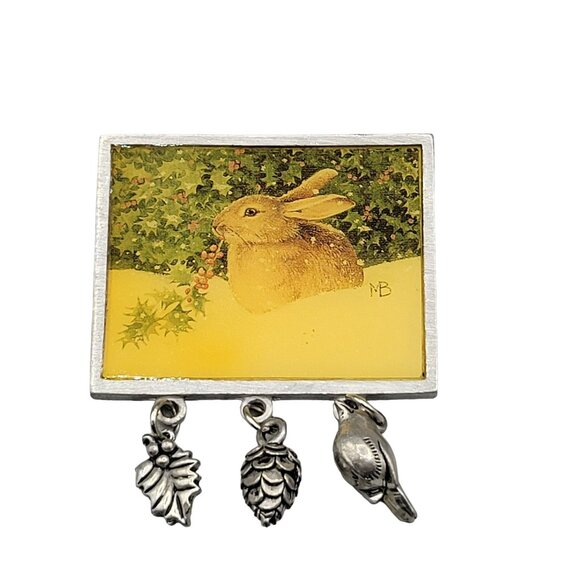 Marjolein Bastin Brooch Bunny in Snow Print Dangling Charms Bird Pinecone Leaf - Picture 1 of 4